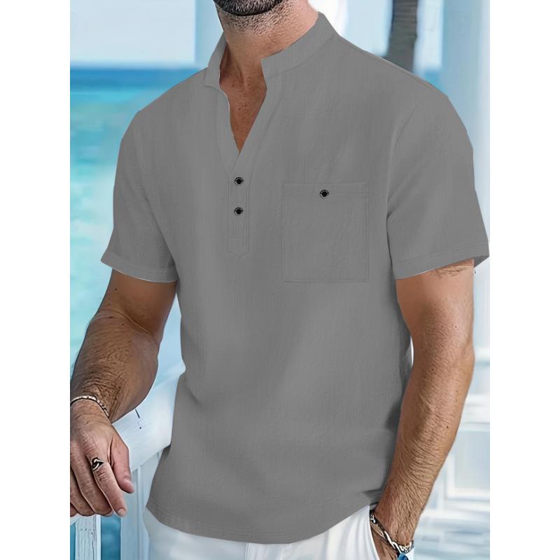 

Men s Light Blue Linen Henley Shirt Short Sleeve Mandarin Collar Casual Beach Top with Chest Pocket S серый