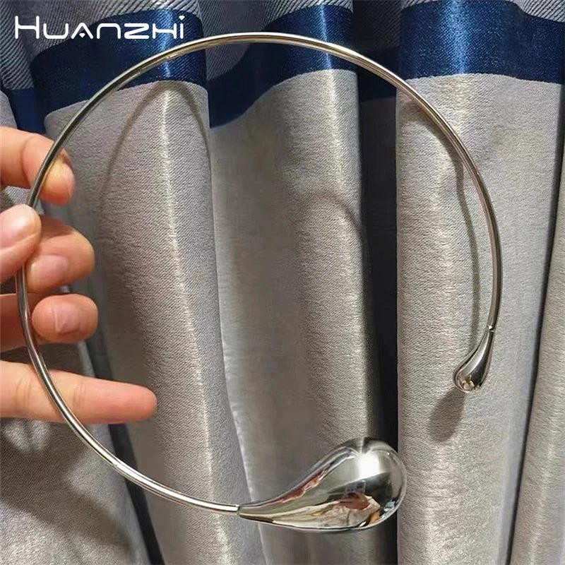 HUANZHI Fashion Water Drop Shaped Open Metal Choker Necklace for Women Girls Punk Cool Exaggerated Minimalist Jewelry Gifts 2024