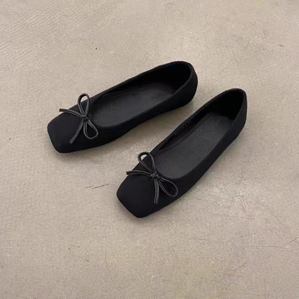 Suede Square Head Bow Single Shoes Women's Early Spring New Gentle Evening Breeze Mary Jane Doudou Shoes Women's Skirt