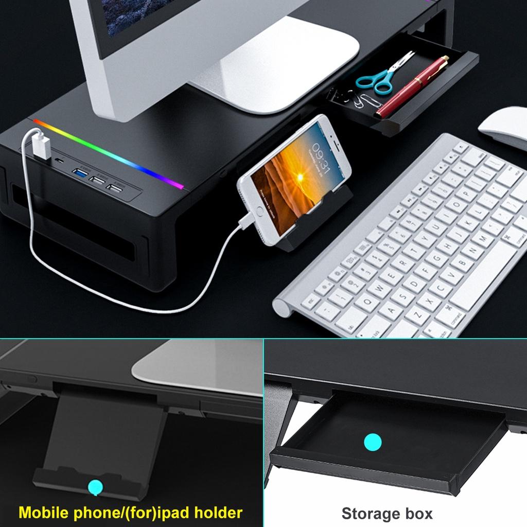 ABS RGB Monitör Standı Yükseltici Masa Desteği 3 USB3.0 Klavye Fare Saklama Rafı Ekran Rafı Şarj Kablolu Çekmeceli Telefon Tutuculu Siyah