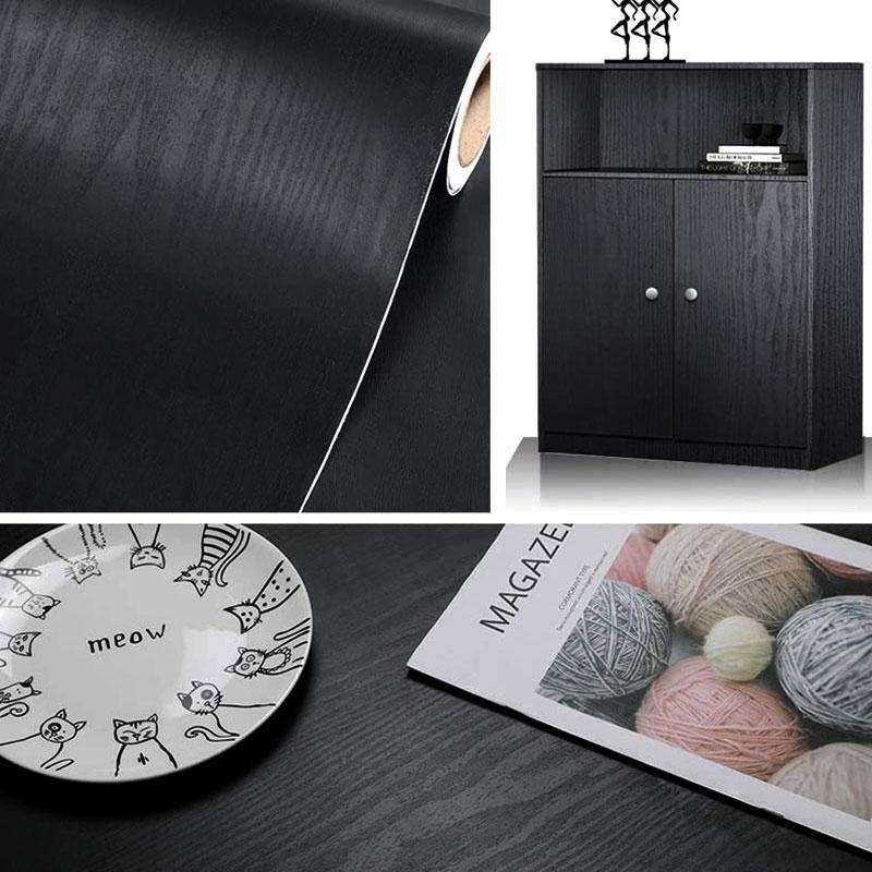 Black Wood Grain Vinyl Self-Adhesive Wallpapes Roll Countertop Furniture Kitchen Wall Waterproof Peel and Stick Wall Stickers