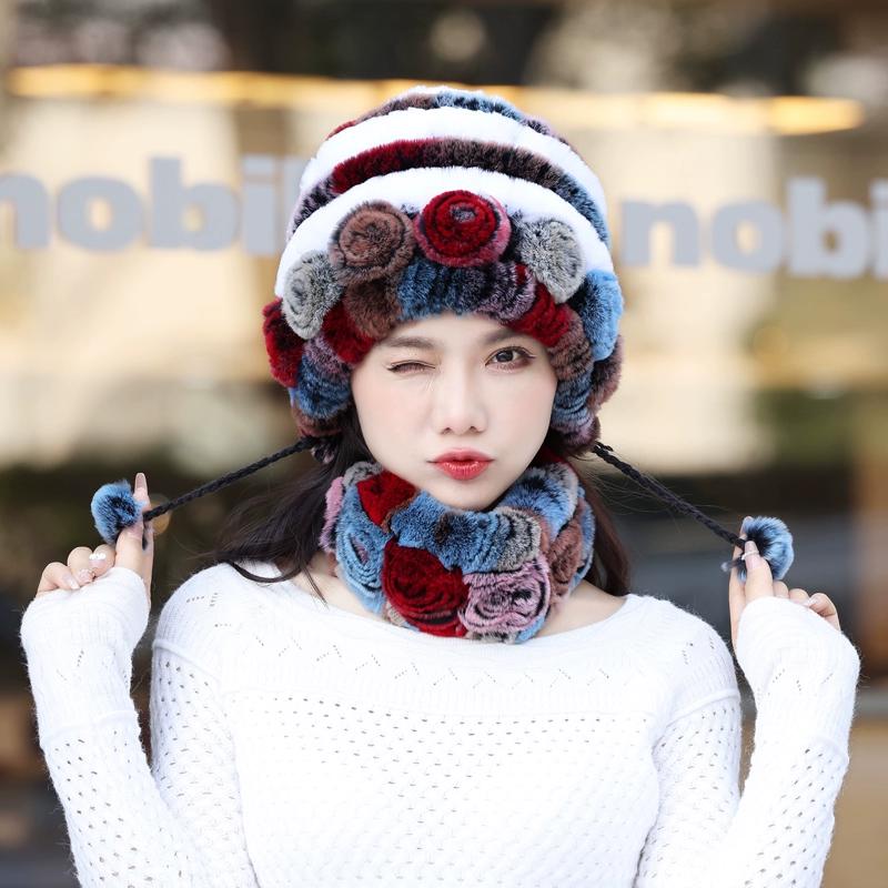 Rex Rabbit Hair Hat Scarf Two-piece Set Women's Winter In The Elderly Mother Grandma Winter Fur Scarf Cover