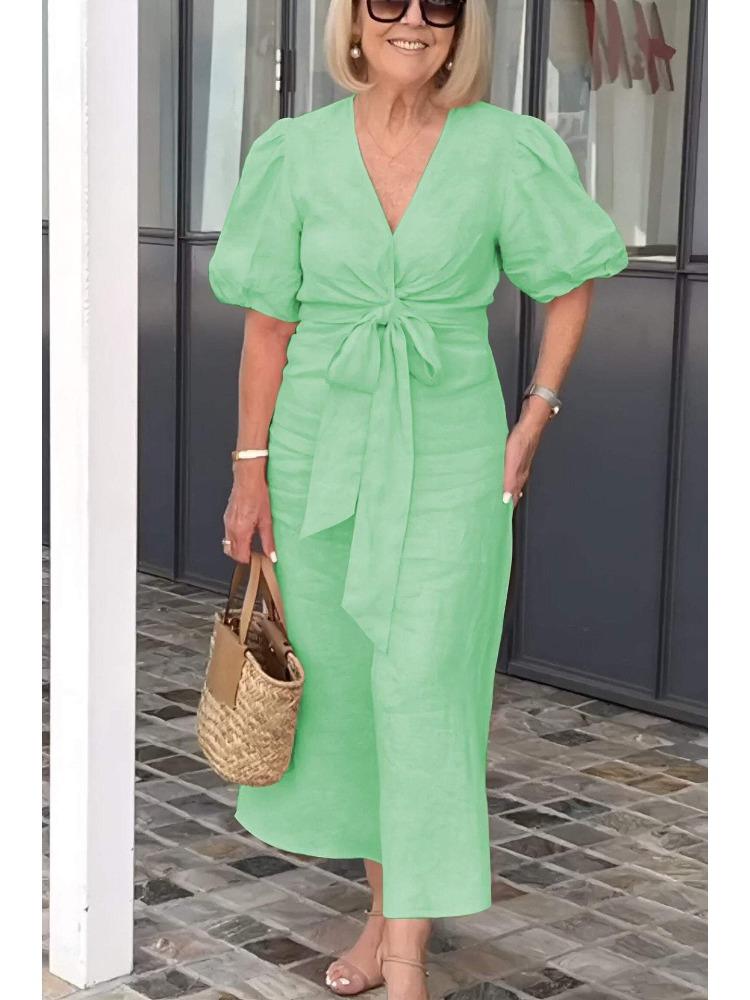 Women's Spring Summer Art Deco-inspired Vintage V-neck Lace-up Puff-Sleeve Cotton A-line Solid-Colour Dress