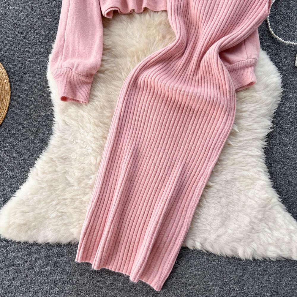 New Autumn Vintage Knitted Sweater Two Piece Set Beading Pullover Top And Spaghetti Strap V-neck Sheath Bodycon Dresses Suit