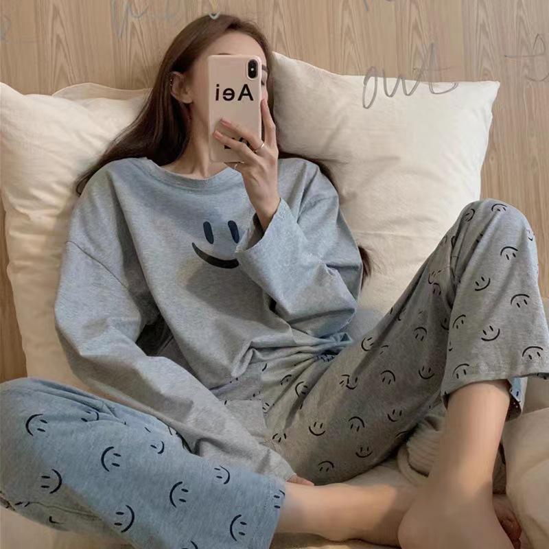 2024 Korean Style Women's Smiley Face Pajama Set - Spring/Autumn Long Sleeve Solid Color Homewear