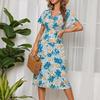 Women Floral Chiffon Casual Summer Dress V Neck Short Sleeve High Waist Swing Long Chic Sizes S To XL