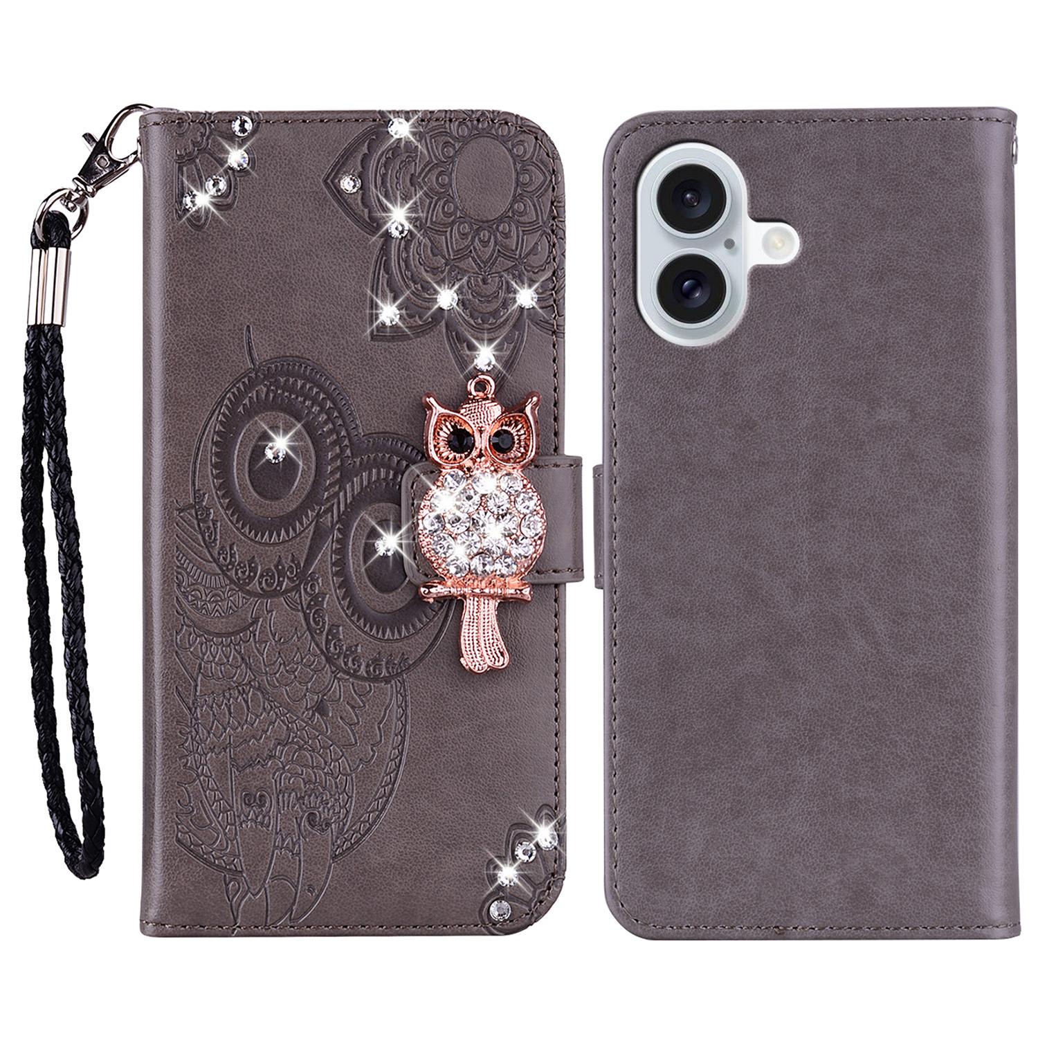 

For iPhone 16 Wallet Case Owl Flower Imprinted Rhinestone Leather Cover