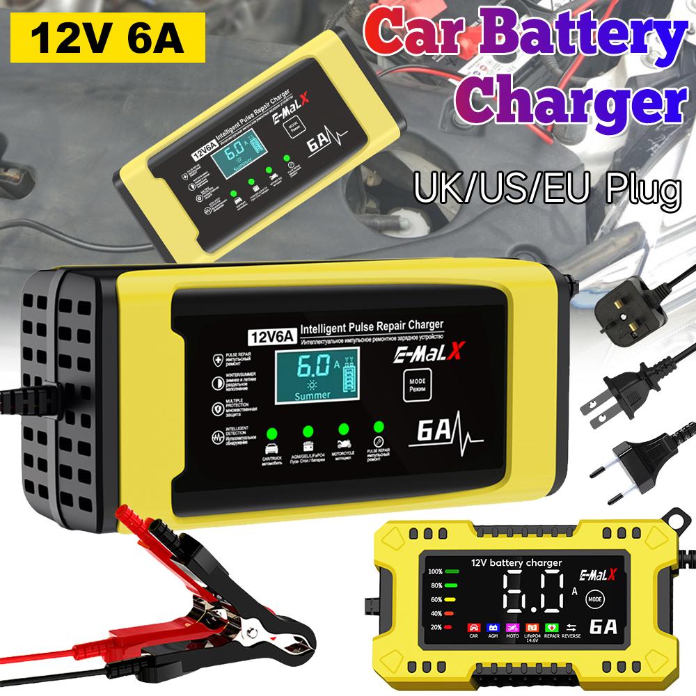 12V 6A Car Battery Charger 110-240V Power Puls Repair Charger Wet Dry Lead Acid Battery LED Display Moto Truck Battery Charger