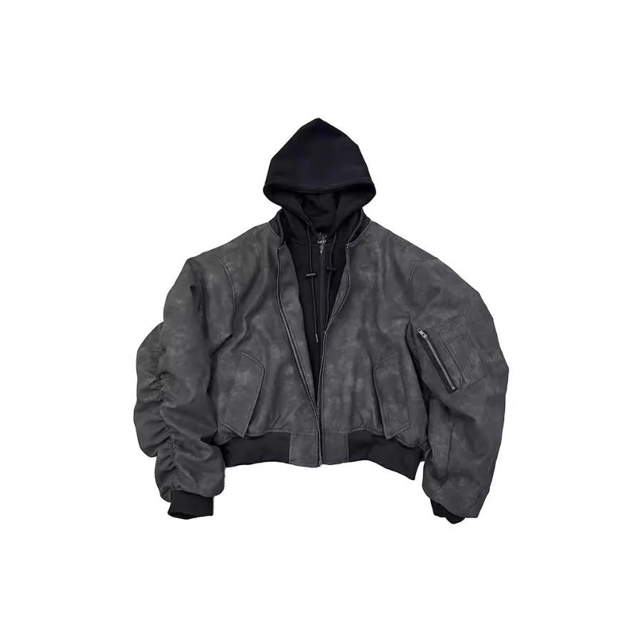 Unisex Jacke Neue Kunstleder Bomberjacke Lagenlook 2 in 1 Mit Kapuze Fliegerstil Gefüttert Wintermantel XXXL schwarz