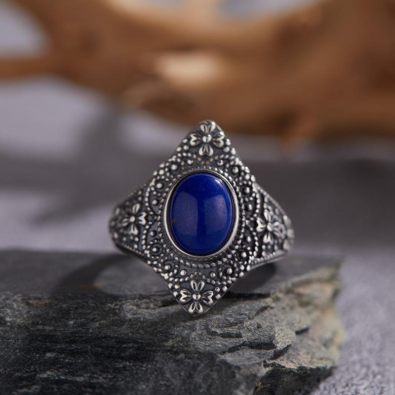 Vintage S925 Sterling Silver Inlaid With Natural Malachite Blue Gold Green Chalcedony Thai Silver Ring Women'S Court Open Ring