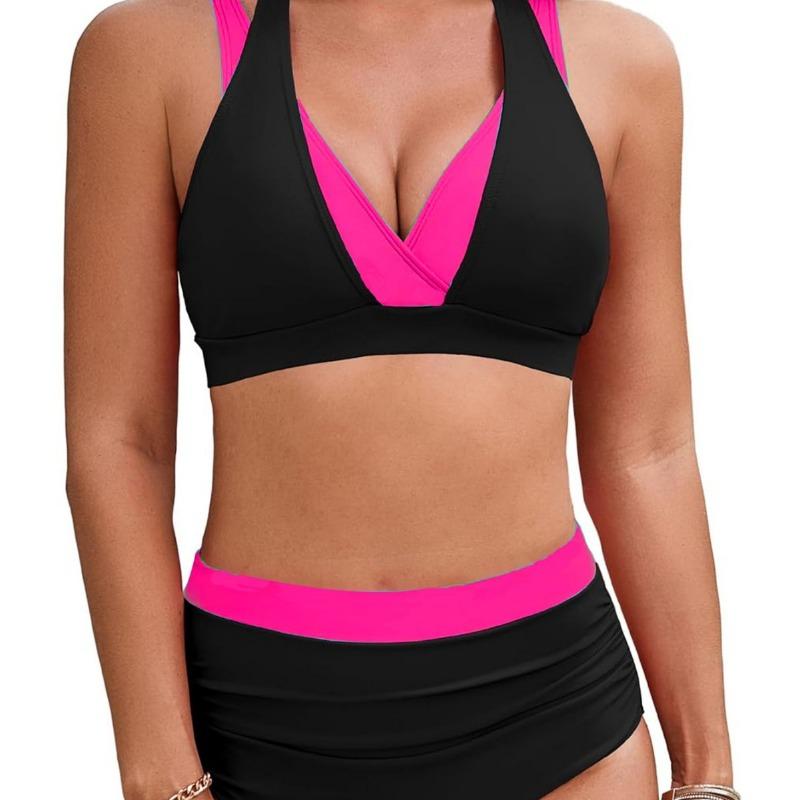 Women's New Color Collocation Hanging Neck High Waist Sexy Bikini Two Piece Swimsuit