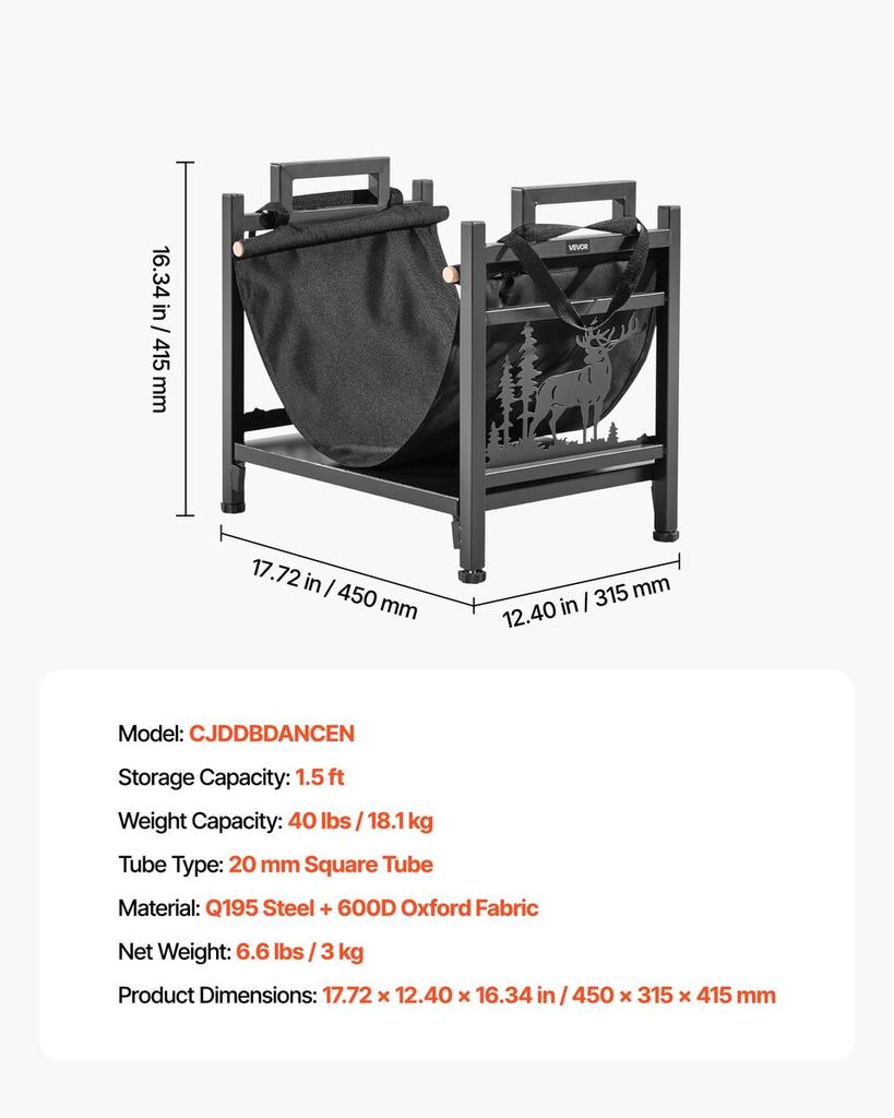 Indoor Firewood Rack, 45cm Curved Log Holder with Canvas Carrier, 18kg Weight Capacity Wood Storage Stand, Powder-Coated Steel Firewood Holder, Heavy