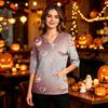 Women's Halloween Print V-Neck Uniform Top with Pockets and Side Slits, Three-Quarter Sleeve Casual Scrub