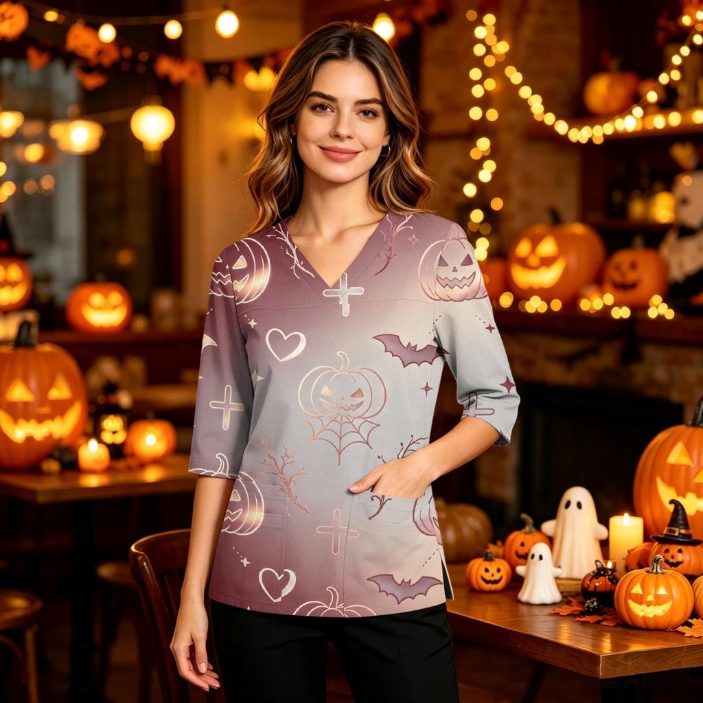 Women's Halloween Print V-Neck Uniform Top with Pockets and Side Slits, Three-Quarter Sleeve Casual Scrub