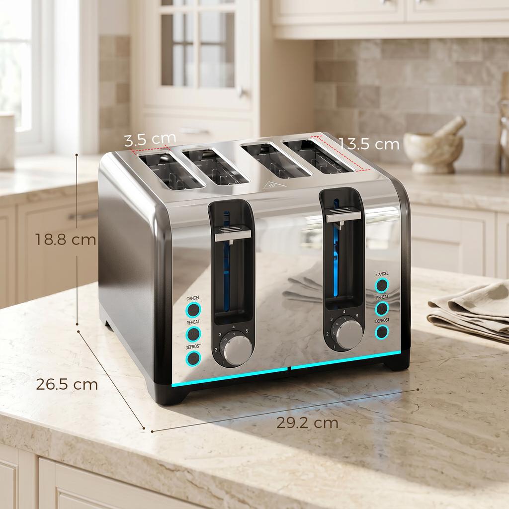 4 Slice Toaster with 7 Browning Levels, Reheat, Defrost and Cancel Functions