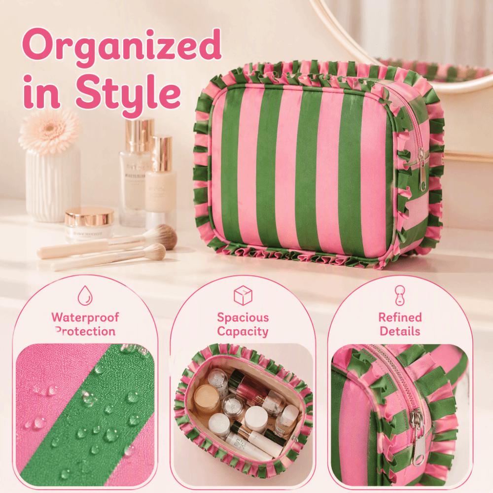 Ruffle Decoration Cosmetic Bag Striped Travel Pouch Multipurpose Makeup Organizer  Women