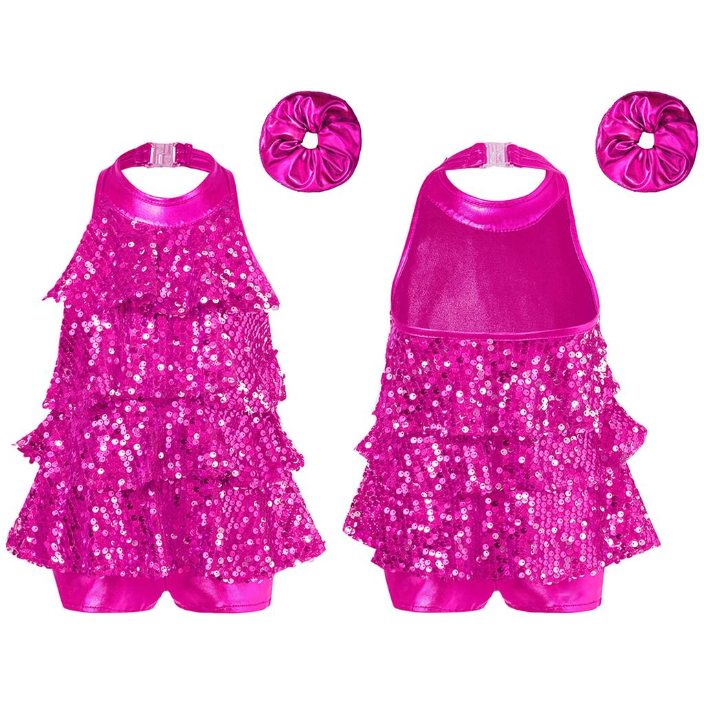 Kids Dance Leotard Halter Neck with Shiny Sequins Ruffles for Jazz Latin Performance Costume