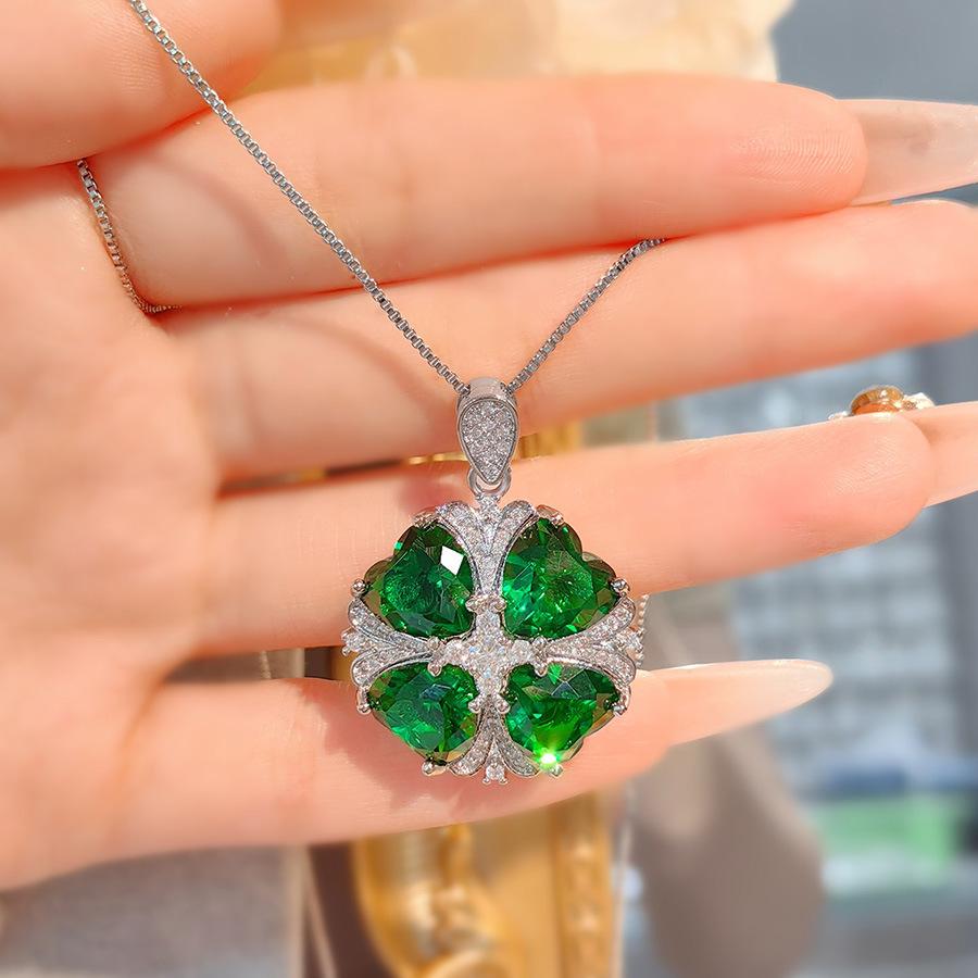 Fashion Light Luxury Heart-Shaped Four-Leaf Clover Pendant Necklace Flower Ring Simulation Emerald Diamond Stud Earrings Colorful Treasure Set Women
