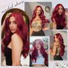 New Wig European American Women Front Lace Synthetic Headband Small Wine Red Medium Split Long Curly Hair