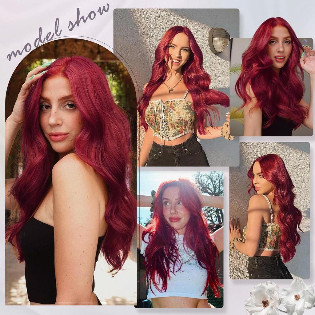 New Wig European American Women Front Lace Synthetic Headband Small Wine Red Medium Split Long Curly Hair