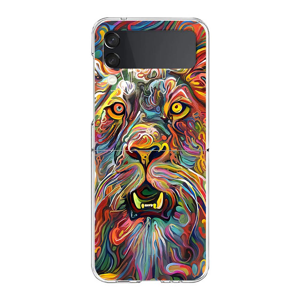 Abstract Surreal Animal Lion Clear Phone Case For Samsung Galaxy Z Flip 3 4 5 Hard Folding PC Shell For Samsung Z Flip3 Cover