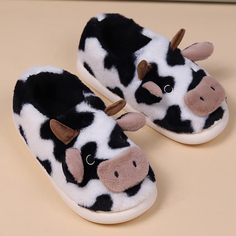 Fashion Lovely Cartoon Cow Fur Slippers for Women Mix Color Faux Fur Plush Slippers Woman Slip On Warm House Cotton Shoes Female