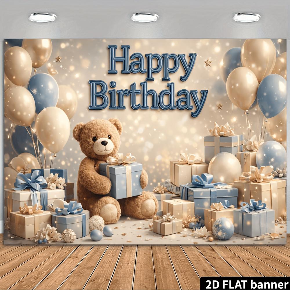 2D Plane Teddy Bear Birthday Party Background Fabric Blue and Gold Balloons Suitable for Indoor and Outdoor Use Polyester