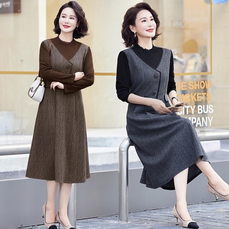 

Spring 2025: Middle-Aged & Elderly Women s Slimming Two-Piece Look Dress 5XL: 140-150 jins сірий колір/синій