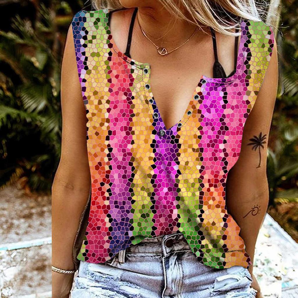 Camisetas de Tirantes para Mujer Sexy Cuello en V Sin Mangas Tops de Verano Chaleco Estampado de Patrón Multicolor 3D Tops Frescos Ligeros