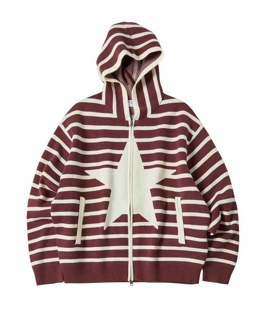 Untitled Seoul Striped Star Knit Zip-Up In Wine