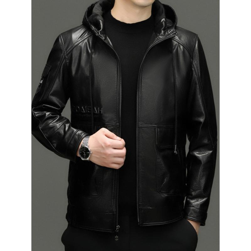 Autumn and winter new men's cowhide leather jacket fashion casual top hooded leather jacket trendy