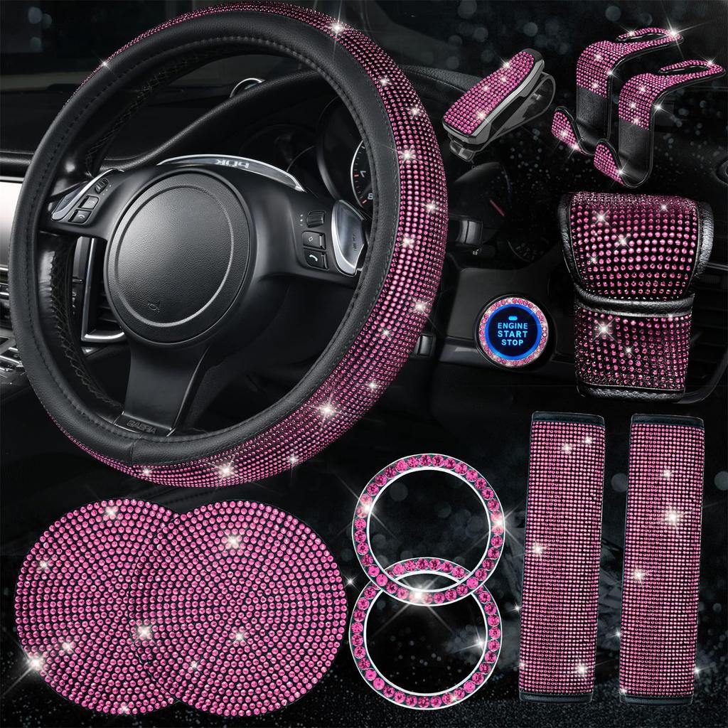 11 PCS Bling Accessories, Sparkly Rhinestone Diamond Steering Wheel Cover, Bling Seat Belt Cushion, Glitter Knob Cover, Car Cup Holder