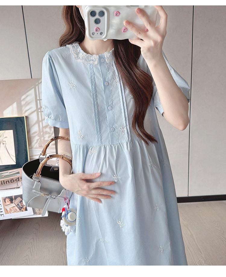 2026 Summer Collection: Sweet Bow Embroidered Loose Cotton Maternity Dress, Short-Sleeved