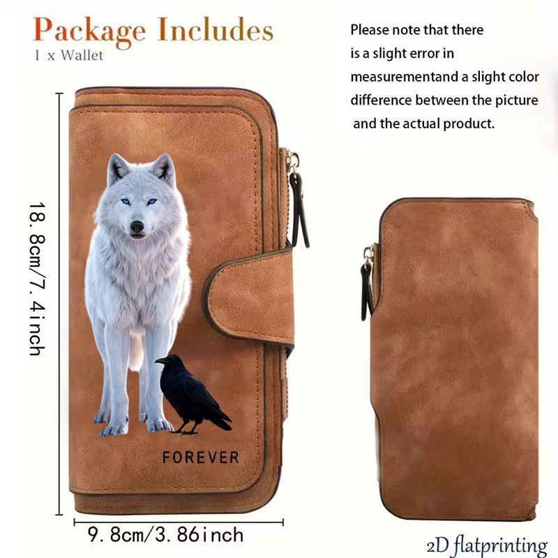 Women's White Wolf Design Long Wallet Multifunctional Snap Closure Coin Purse Ideal Birthday Gift For Animal Lovers Large Capacity Card Holder Phone