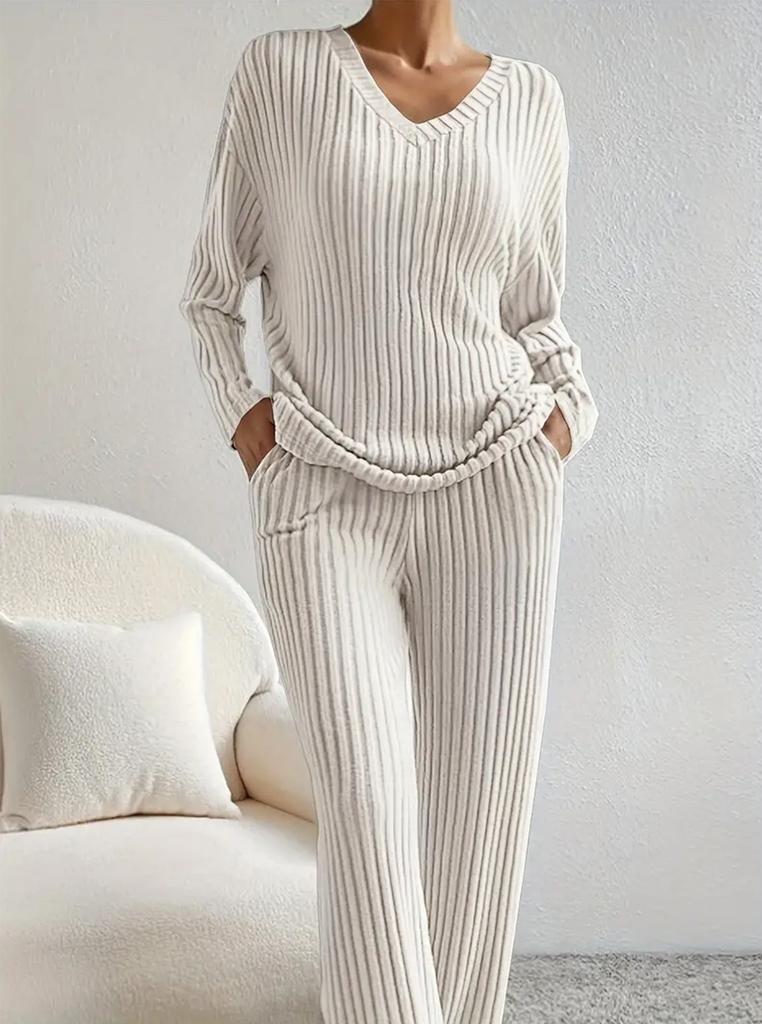 Autumn and winter cross-border European and American new fashionable casual straight-leg pants, elegant loose V-neck groove strip two-piece set 