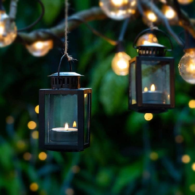 Linternas Metálicas Colgantes Retro Para Velas Casas de Campo Diseño de Panel de Vidrio Cuadrado Portavelas Decorativo para Exteriores Interiores