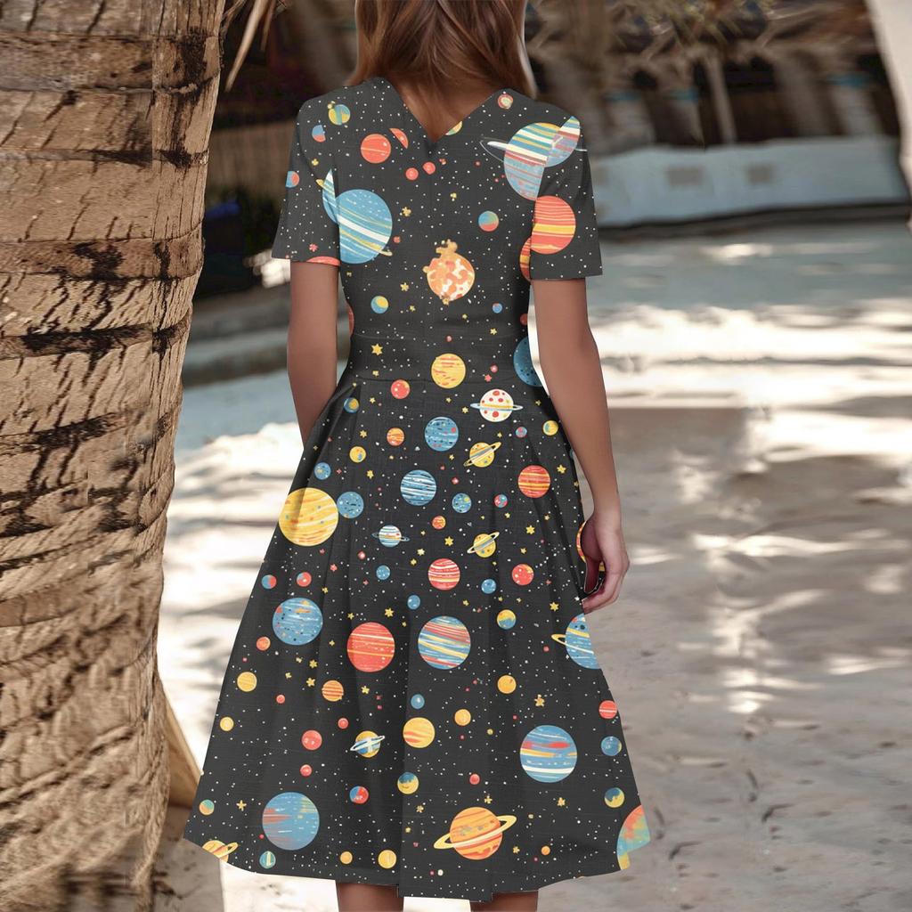 Women's Casual Fashion Dress Animal Floral Print Round Short Sleeve Waist Mid-Length Swing Dress (with Zipper)