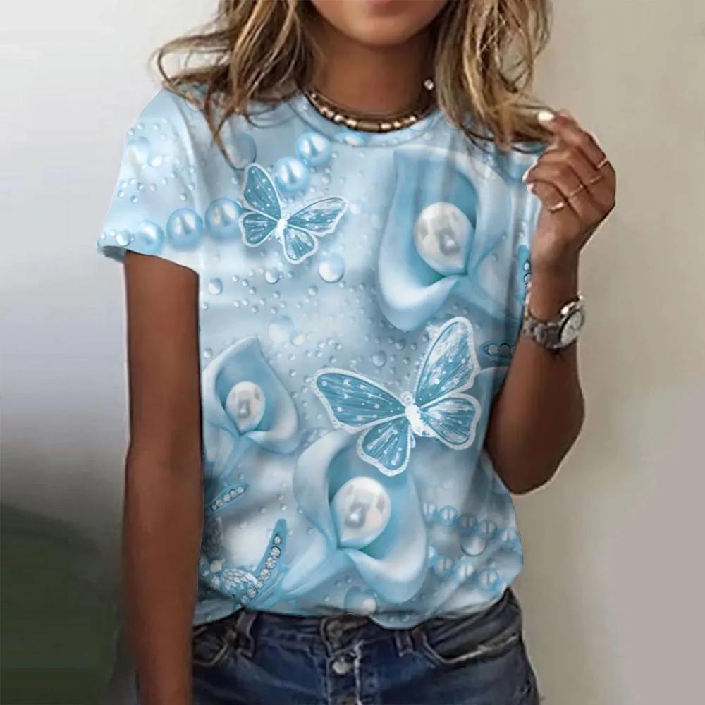 T-shirt da donna estiva a girocollo con stampa fantasia farfalla 3D, alla moda e casual a maniche corte