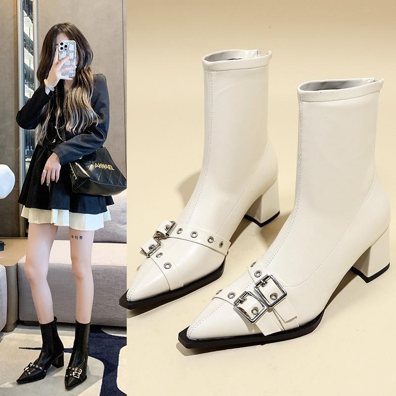 European and American catwalk 2025 new pointed head heavy industry metal rivet black belt buckle thick heel high heel locomotive fashion boots