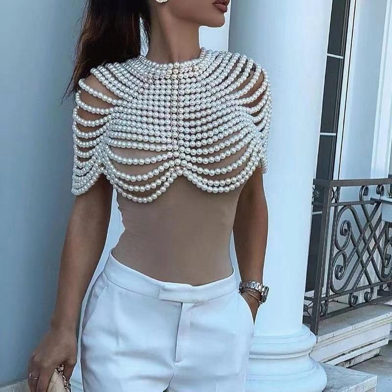 

High-texture pearl hand-woven women s body chain shawl dress