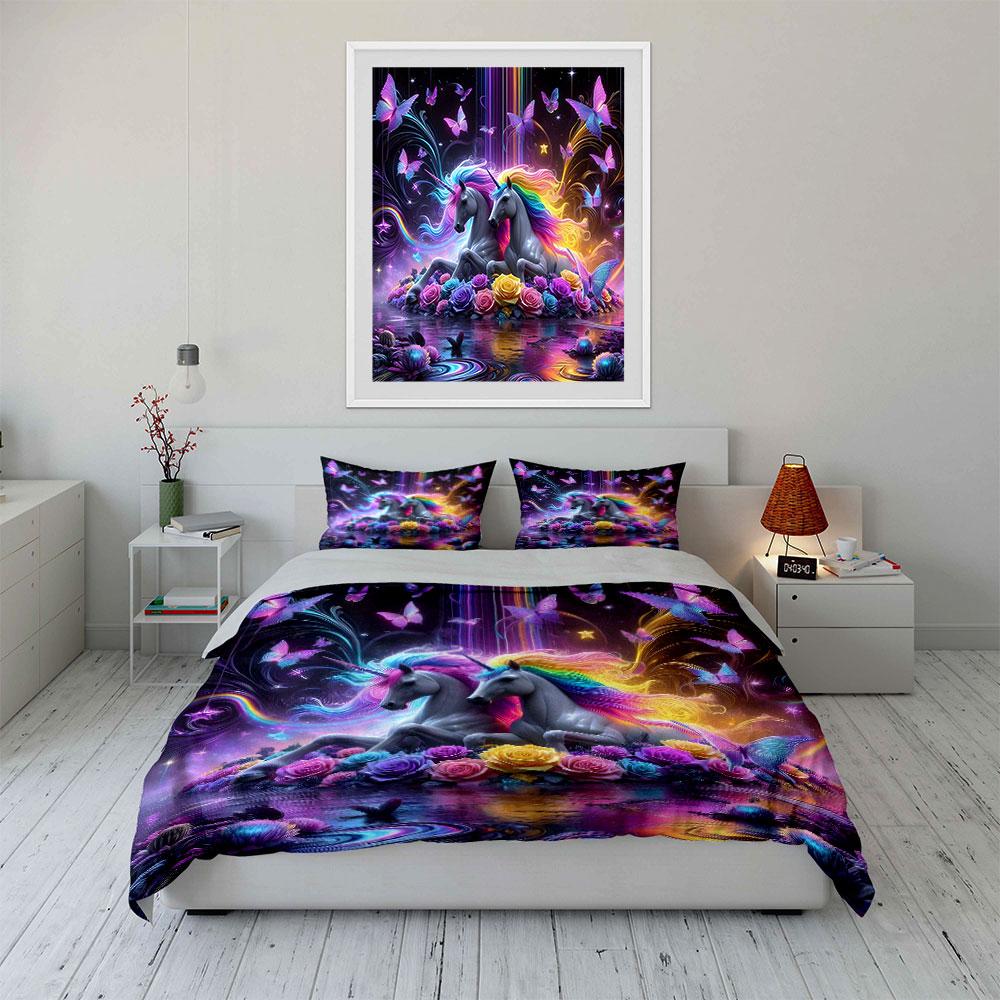 3Pcs Enchanted Unicorn Bedding Set, Rainbow Unicorns With Neon Butterflies Print Duvet Cover, Whimsical Bedroom Decor