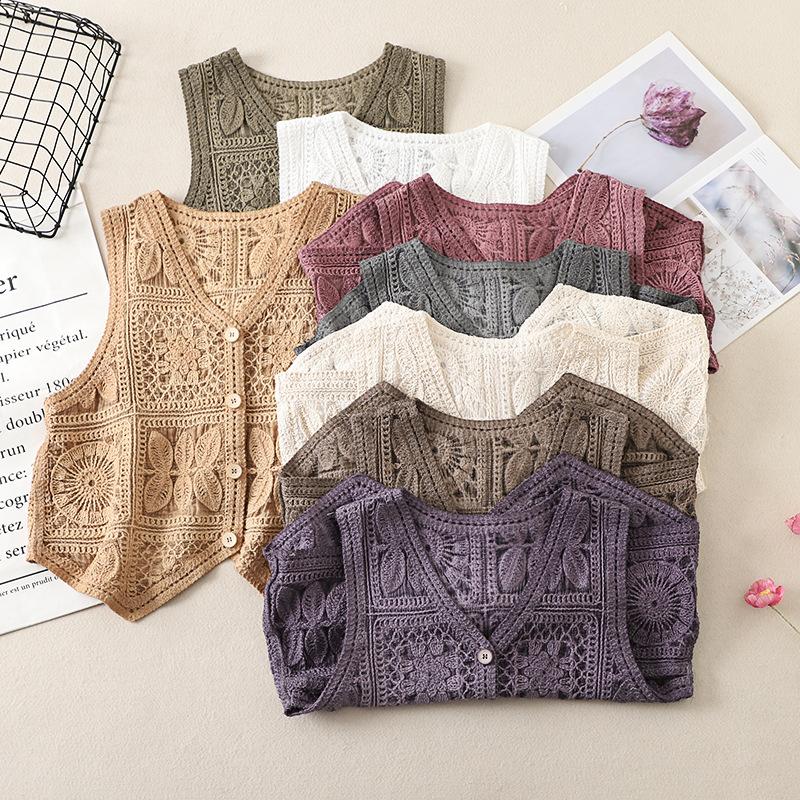 Real shot V-neck sleeveless hollowed-out knitted vest for women, spring new design crochet top trendy
