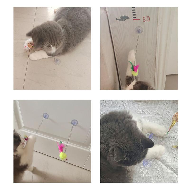 Cat Teaser Wand With Bell Feather Spring Mouse Toy Suction Cup Self Play Interactive Pet Toy For Kitten Anti Boredom Molar Chew