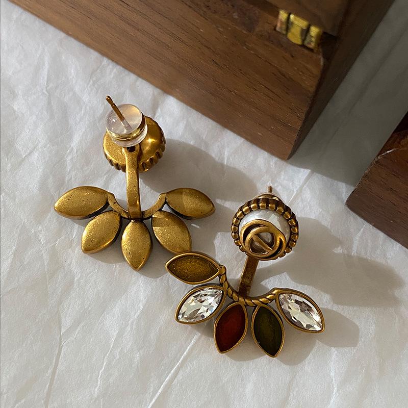 Old Flower Leaf French Retro Atmosphere High-End Diamond-Encrusted Rear-Hanging Pearl Stud