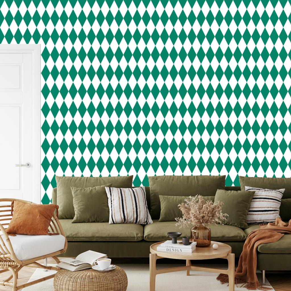 Harlequin Diamonds Wallpaper In Teal, White and Mint 50x1000