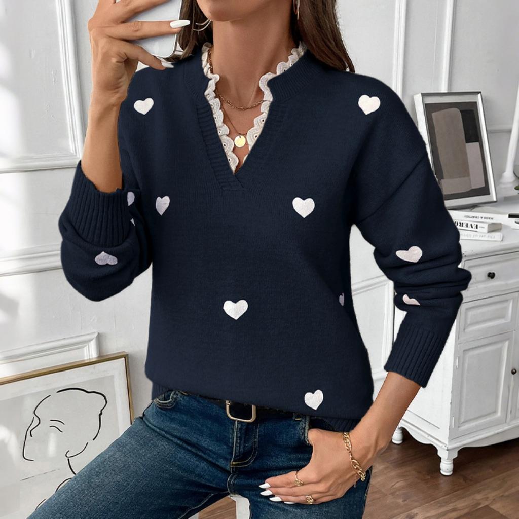 Fall Winter Women's V-neck Heart Sweater, Valentine's Day Date Outfit, European American Style Hot Selling Top