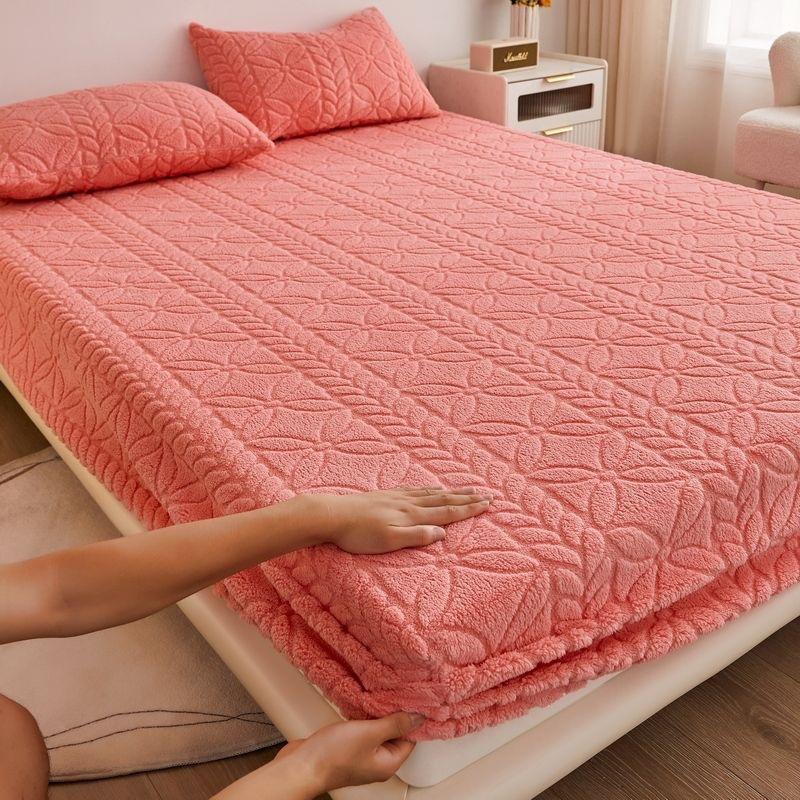 Taffeta Velvet Mattress Cover with Elastic Bands Solid Color Anti-slip Adjustable Fitted Sheet Soft Winter Coral Fleece Bed Sheet