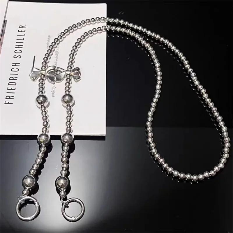 Silver bow love phone chain handmade bead hanging chain crossbody can be carried with hanging rope backpack with wrist strap