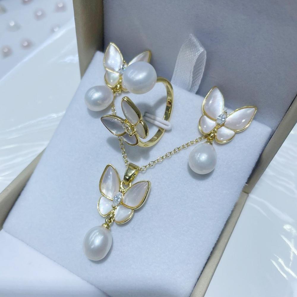 Natural Freshwater Pearls Fashion Butterfly White Shell Jewelry Set Pendant Necklace Ring Earrings Fine Wedding Jewelry
