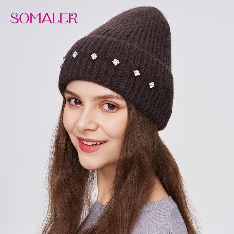 

SOMALER Зимние шапки для женщин Толстая теплая шерстяная вязаная шапка-бини со стразами Женская модная однотонная уличная шапка-череп One Size коричневый
